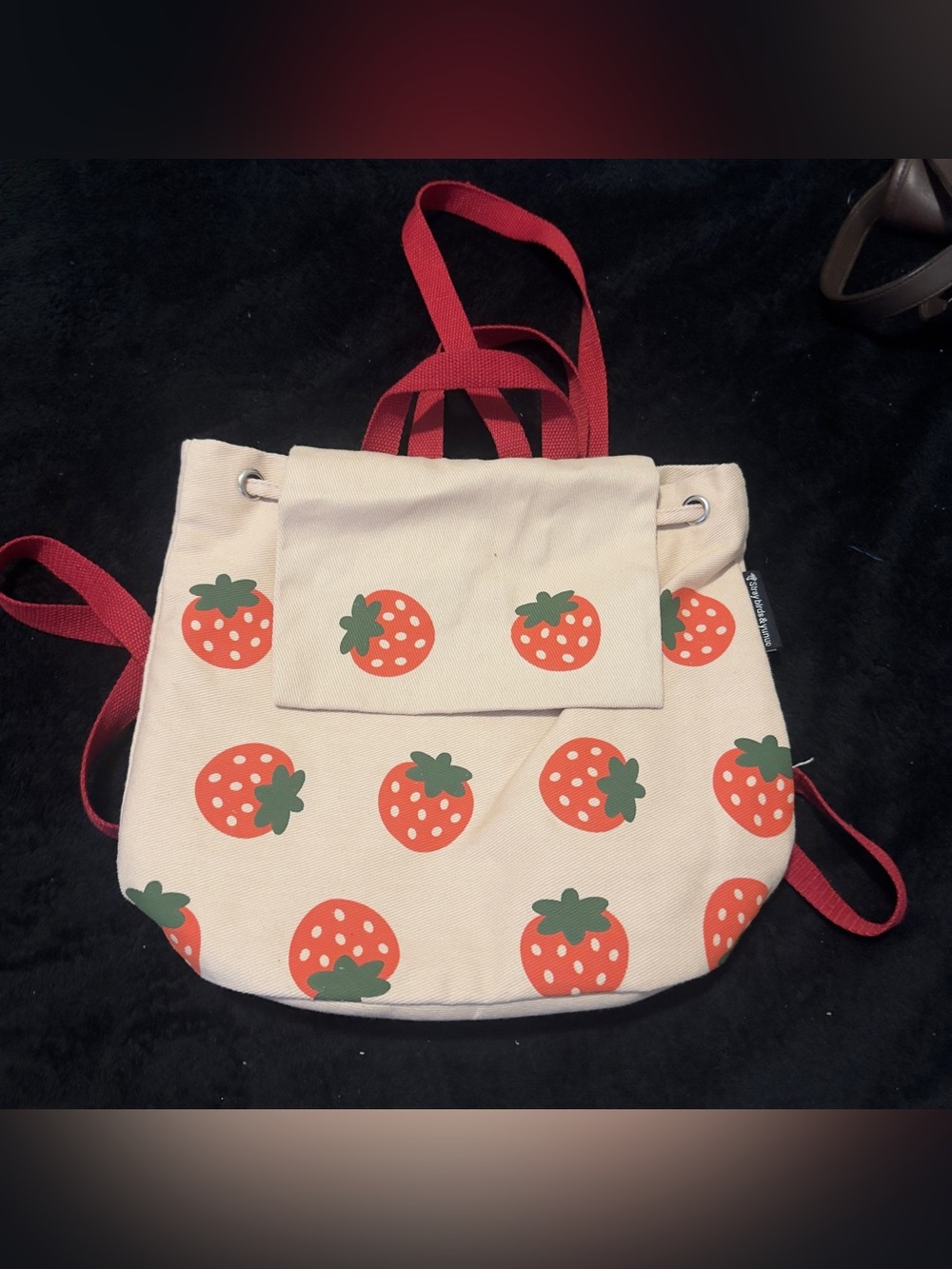 Strawberry Print Canvas Drawstring Backpack - Cream and Red